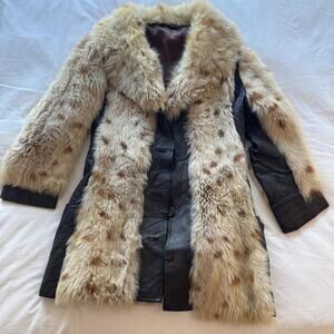 Vintage 90s brown cream polka dot lamb fur coat with leather trim